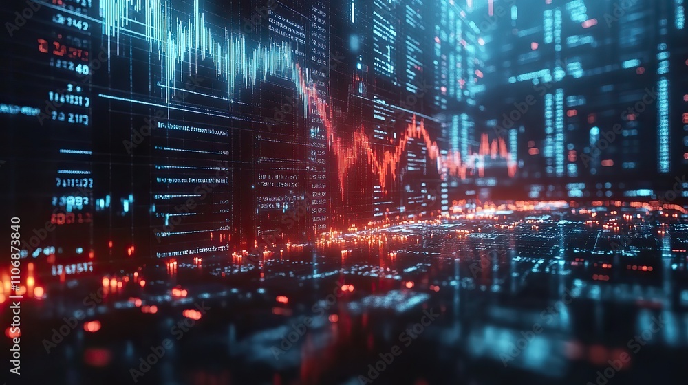 Poster a stock market display showing the us flag with financial data and numbers, representing the dynamic