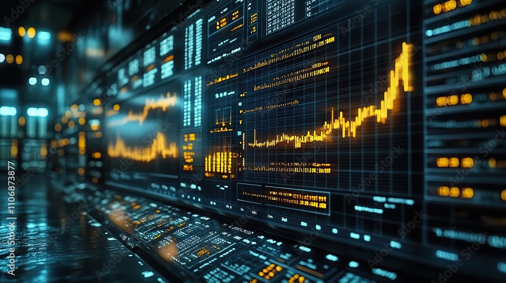 Poster a stock market display showing the us flag with financial data and numbers, representing the dynamic