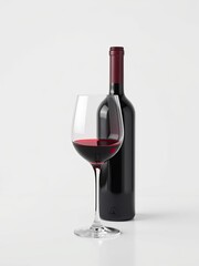 Dark red wine glass on a table with an isolated bottle of red wine on white background, elegance, beverage, texture, shadow