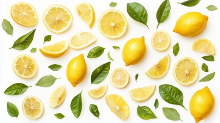 Flat lay of whole and sliced lemons with green leaves on white background.