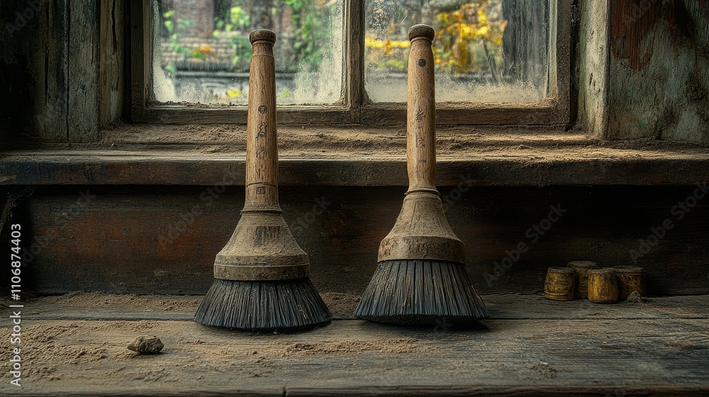 Poster two wire brushes resting on a window sill in a workshop