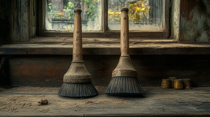 Two Wire Brushes Resting on a Window Sill in a Workshop