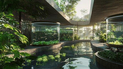 Ultra-Detailed 3D Render of Aquaponic System Integrating Fish Tanks and Lush Greenery