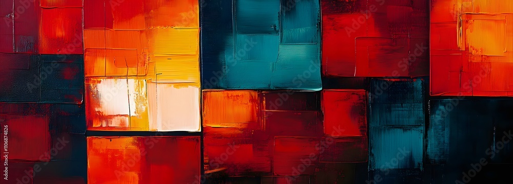 Poster a contemporary 3d canvas with large, bold blocks of color in deep reds, blues, and oranges, layered 