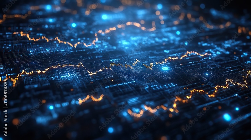 Poster a stock market graph on a dark blue background with abstract line graphs, representing data analysis