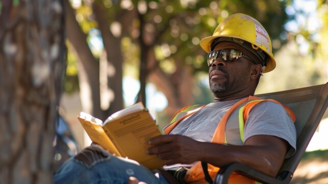 A construction worker sitting on a lawn chair under the shade of a tree reading a book and enjoying a quiet break away from the noise and chaos of the construction site.