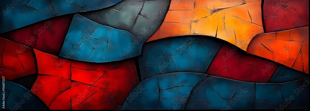 Poster a contemporary 3d canvas with large, bold blocks of color in deep reds, blues, and oranges, layered 
