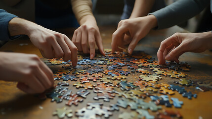 Hands assembling puzzle pieces on wooden table
