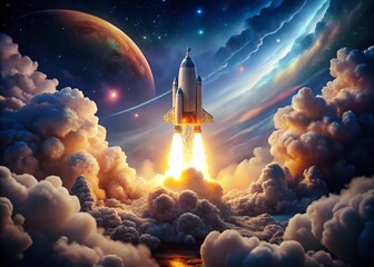 Obraz premium Dynamic 3D Scene of a Spaceship Take Off with Rocket Flames, Clouds of Smoke, and Stars Symbolizing Space Travel and Business Innovation in a Futuristic Environment