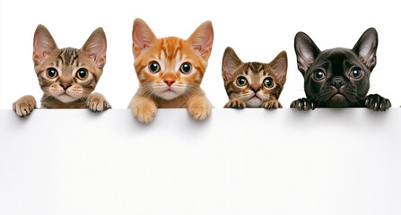 Adorable Kittens and Puppy with Curious Expressions Behind White Board