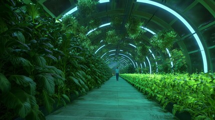 Illuminated Underground Agriculture: Farmer Inspecting Lush Crops in Vibrant Light 3D Render