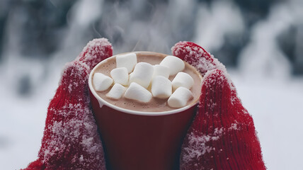 A cup of hot chocolate topped with marshmallows, cradled in red knitted gloves.