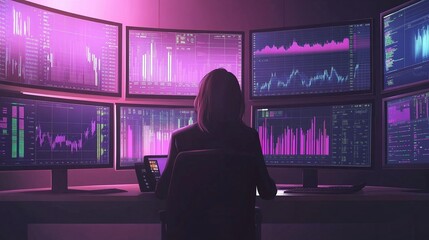 A businesswoman analyzing financial data on multiple screens in a dark room, with digital charts and numbers surrounding her.