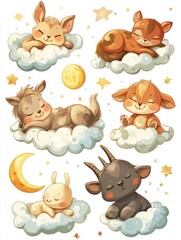 Obraz premium Cartoon animal sleep. Baby cute animals sleeping and hugging cloud moon planet. Wizard forest characters, child room funny decor. Night dream nowaday vector bundle