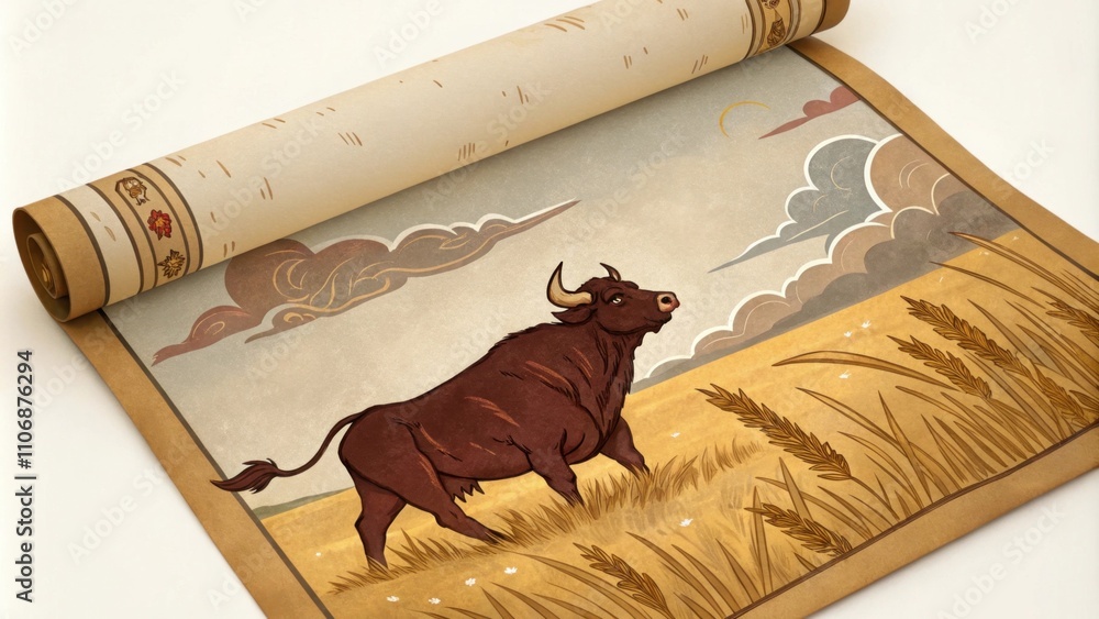 Poster the year of the ox scroll this scroll features a strong ox standing resolutely in a field of golden 