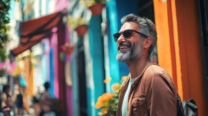 Fototapeta premium A vibrant candid portrait of a man interacting with his surroundings, highlighting authenticity