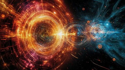 Artistic interpretation of scientific theories: visual representations of complex concepts like quantum mechanics or the Big Bang


