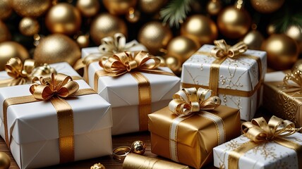 Free Photo Black Friday sale is a gold gift box and ballon with a black background	