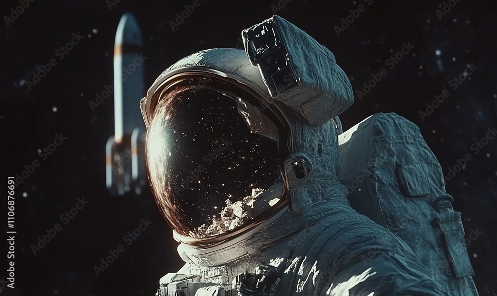Aufkleber Astronaut in space with a rocket launch in the background.