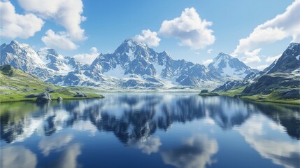 Fototapeta premium A pristine mountain scene with jagged, snow-covered peaks mirrored perfectly in the still waters of a glacial lake. The untouched wilderness exudes serenity and grandeur.
