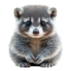Fototapeta premium A small raccoon sits with its paws raised to its muzzle on a transparent background.