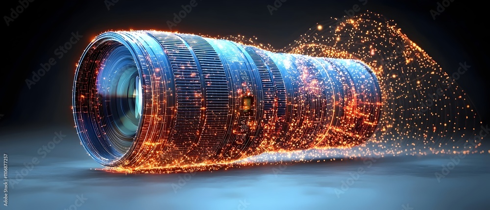 Poster An artistic representation of a camera lens, featuring a blend of technology and creativity. The lens is illuminated with dynamic, glowing particles, suggesting movement and innovation.