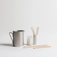 Candle-making tools with wax and wicks