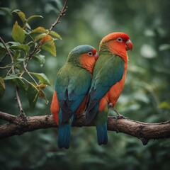 Fototapeta premium A pair of lovebirds cuddling on a branch.