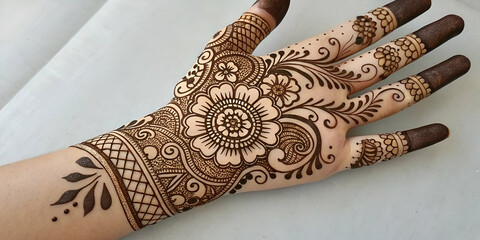 Obraz premium Intricate Mehndi (henna) patterns with floral and paisley designs, set against a neutral background