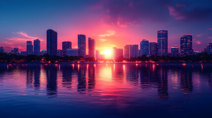 Fototapeta premium Cityscape Sunset Reflection - Digital Illustration