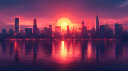 Fototapeta premium Cityscape Illustration with Sunset Over Water