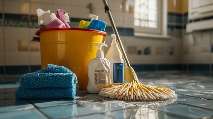 Cleaning supplies arranged for a home cleaning task.