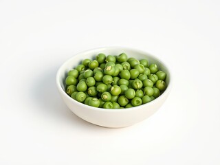 Fresh green peas in a small, shallow bowl on a white surface, isolated, bowl, green, white surface, legume