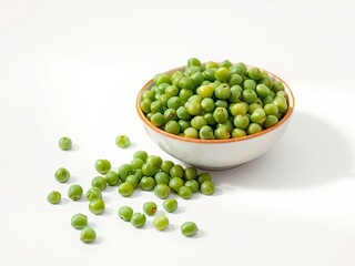 Fresh green peas in a small, shallow bowl on a white surface, pod, green, bowl, garden
