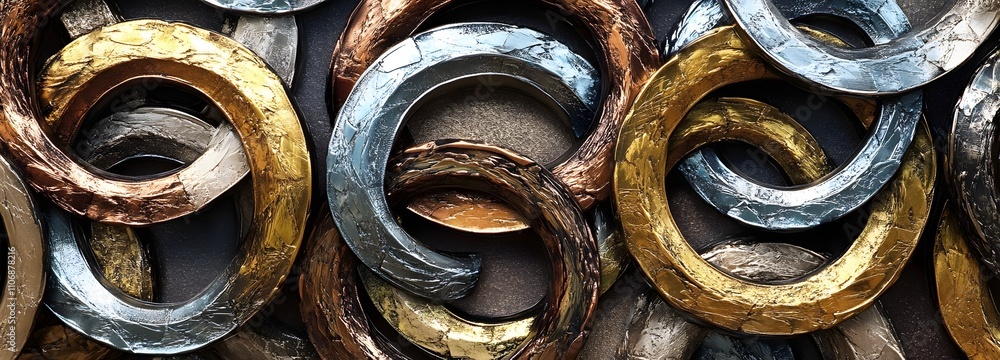 Poster a contemporary 3d canvas with a collection of layered metallic rings in gold, silver, and copper, ov