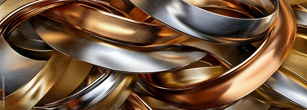 Poster a contemporary 3d canvas with a collection of layered metallic rings in gold, silver, and copper, ov