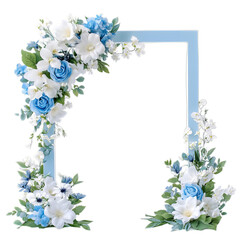 A blue frame decorated with flowers.
The frame is light blue, square in shape.