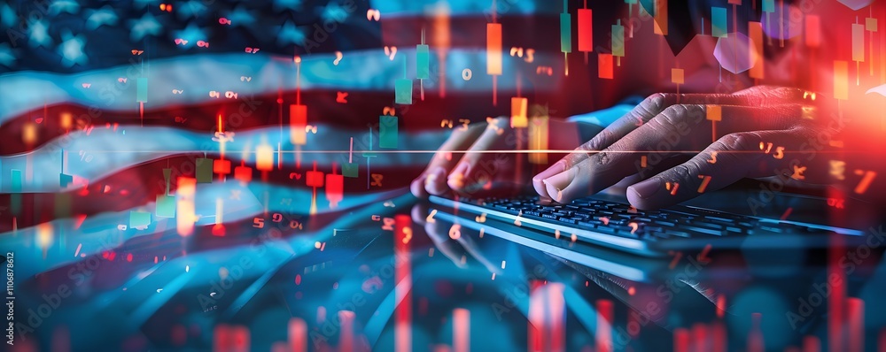 Poster hands typing on keyboard with stock market data overlay