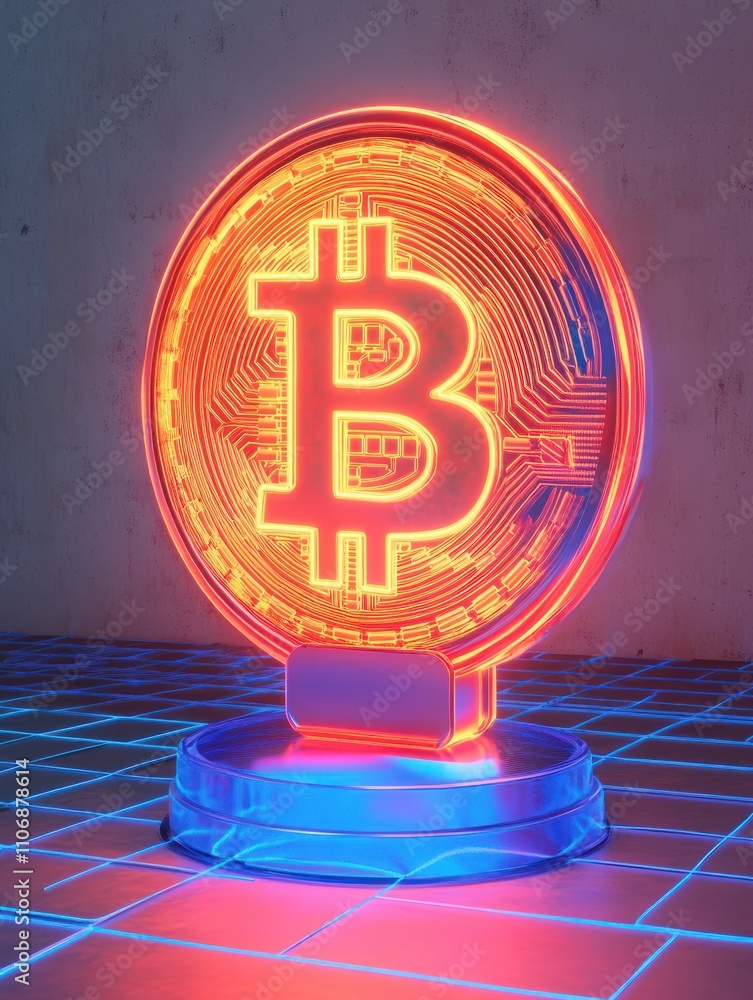 Poster creative glowing bitcoin hologram on dark grid backdrop. cryptocurrency and growth concept. 3d rende