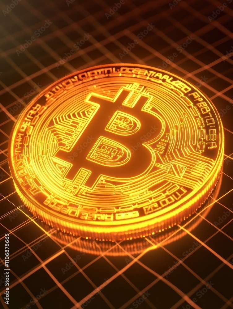 Poster creative glowing bitcoin hologram on dark grid backdrop. cryptocurrency and growth concept. 3d rende