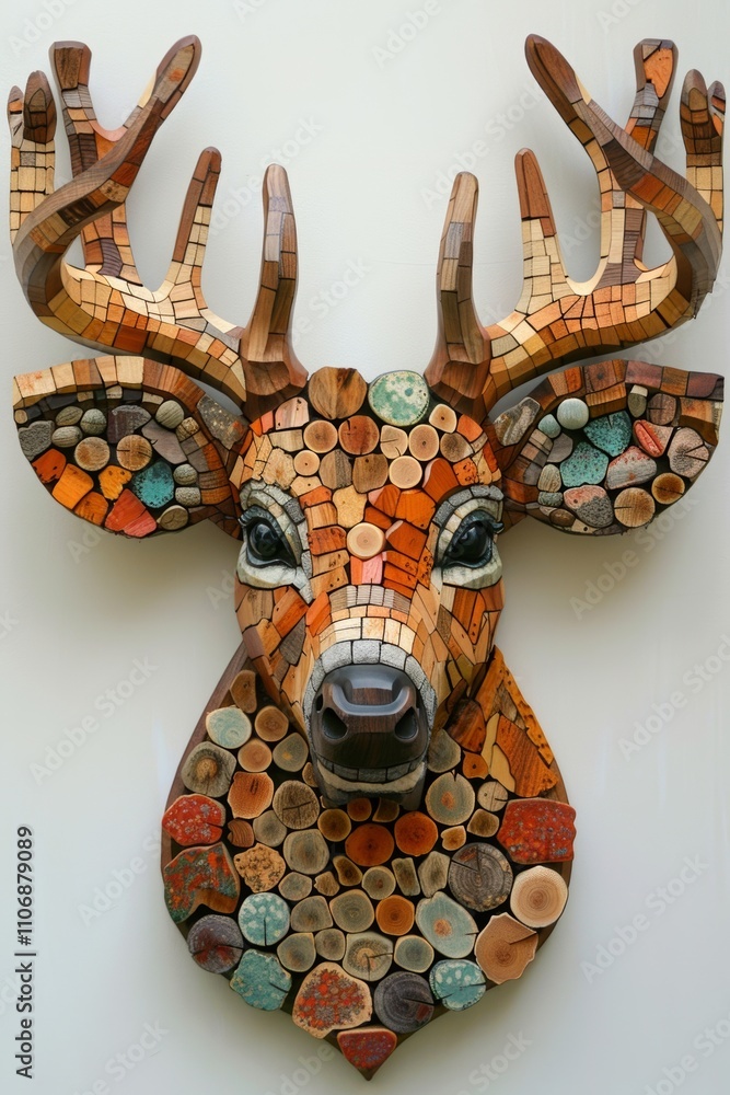 Poster intricate wooden sculpture of a deer displaying colorful patterns and textures mounted on a wall as 