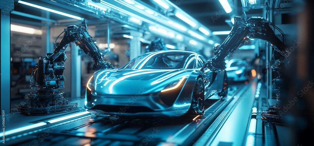 Aufkleber Futuristic car assembly line with robotic arms in a high-tech environment.