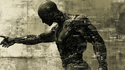 Biomechanical fusion: a human figure seamlessly blending with machine elements, showcasing cybernetic enhancement



