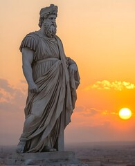 Fototapeta premium An ancient Roman god stands majestically enjoying the warm glow of the morning sunrise in the background