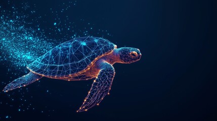 Obraz premium Loggerhead Turtle in Futuristic Abstract Design, Featuring Low Poly Wireframe and Glowing Particles on Dark Blue Background.