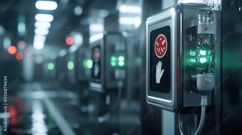 Poster Modern Emergency Stop Button in an Industrial Setting with Bright Green Indicator Light and Soft Focus Background for Safety and Control Concepts