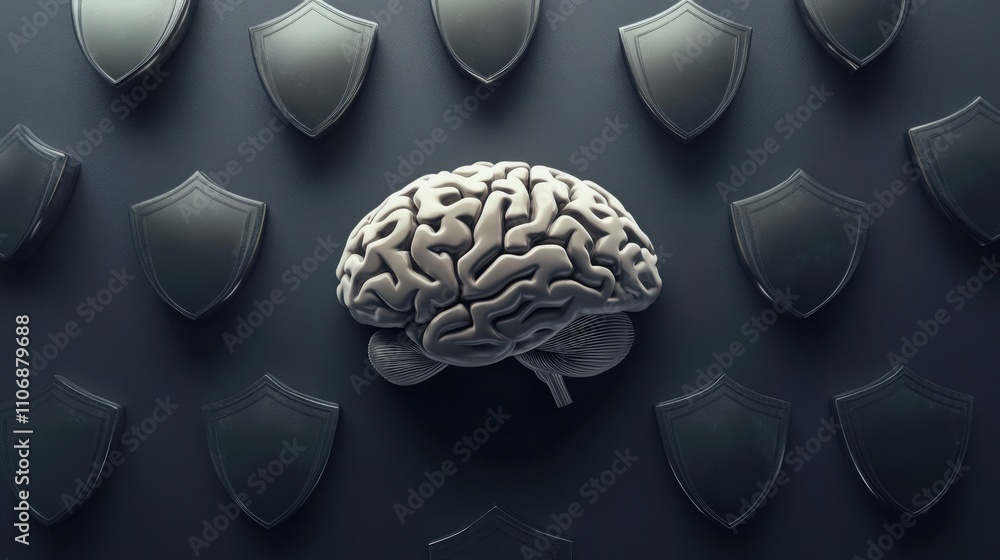 Poster brain surrounded by abstract shields representing protection, security, and cognitive defense in a m