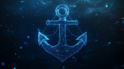Fototapeta premium Abstract Anchor Logo with Low Poly Wireframe on a Dark Blue Background, Enhanced by Glowing Particles for a Modern, Nautical-Themed Design.