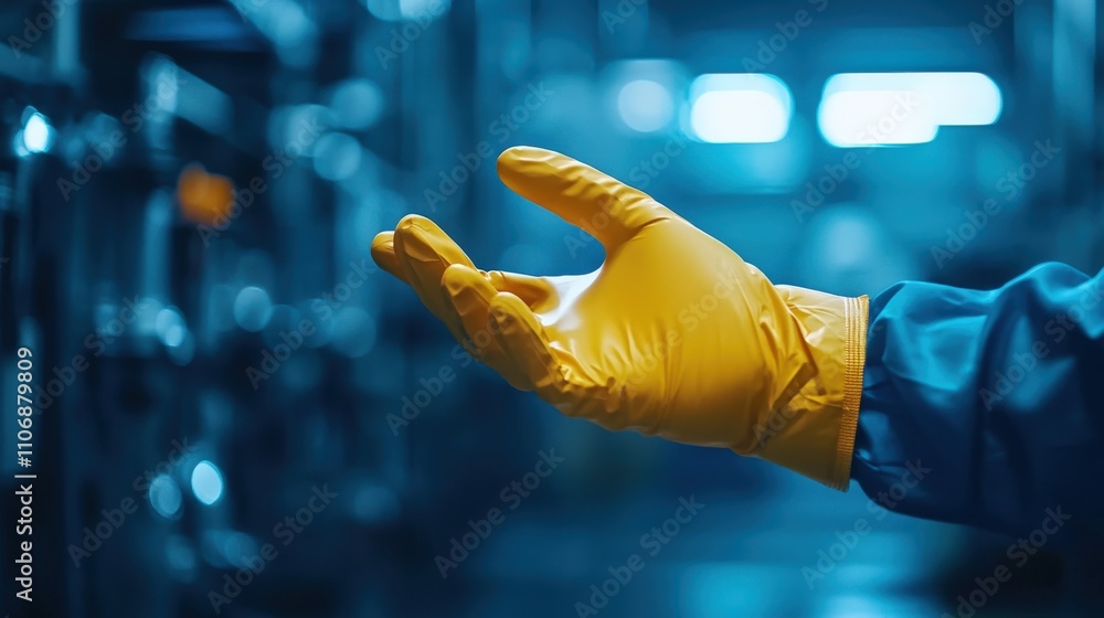 Poster a close-up view of a gloved hand reaching out in a modern industrial environment with a focus on saf