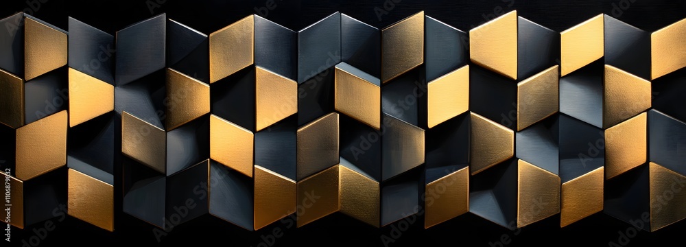 Poster a modern 3d canvas with bold, sharp-edged geometric cubes in black and gold, stacked and layered to 